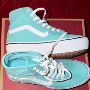 Vans Women's Turquoise and White High-Top Sneakers